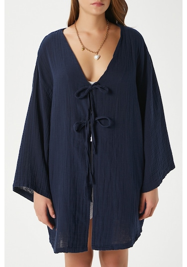 Ritnice Kadın Sandra %100 Pamuk Müslin Bağcıklı Lacivert Kimono Lacivert