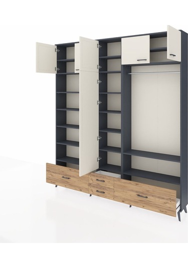 Arges Dolap 18 Raflı 4 Çekmeceli Tek Askılı 220x30x243 Antrasit-aytaşı/çam Aytası/atlas Çam