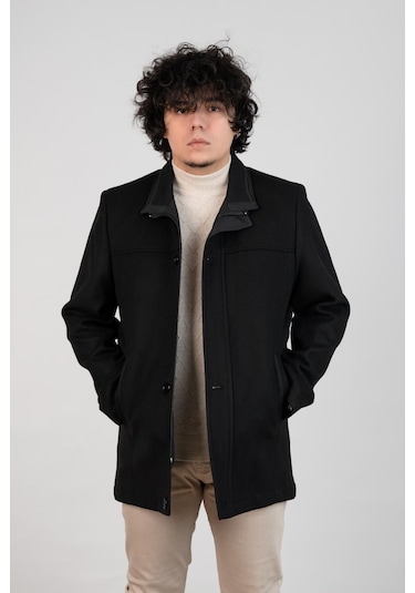 Yakalı Klasik Kesim Fermuarlı Kaşe Erkek Kaban Siyah
