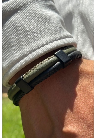 El İşçiliği İle Üretilmiş Hakiki Deri Erkek Bileklik Siyah - Yeşil