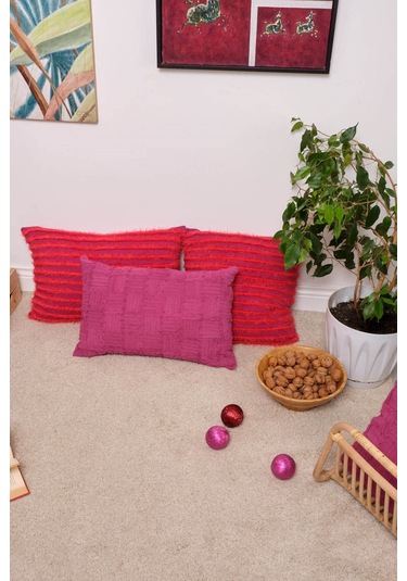 Peraluna Foam Pıllow Şifon Şerit Triko Yastık Kılıfı 60x40 Cm Fuşya - Fuşya