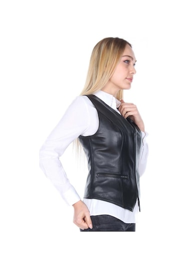 Deriwork Hakiki Deri Siyah Casual Fermuarlı Kadın Deri Yelek Siyah