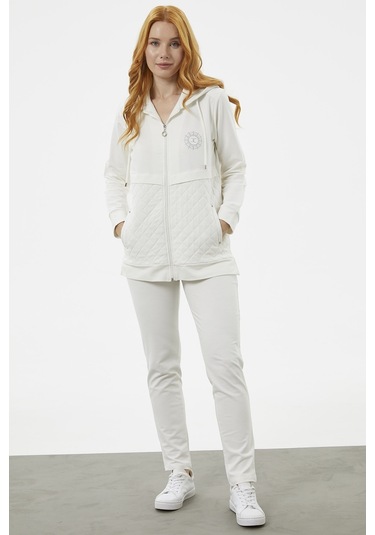 Kapüşonlu Kapitone Detaylı Eşofman Takım - Ekru 001