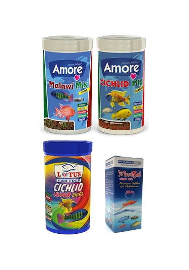 Malawi Mix, Cichlid Mix ve Colour 3x250ml Balık Yemi ve Vitamini