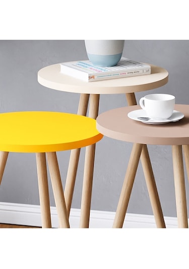 Renkli Üçlü Zigon Sehpa Ahşap Ayaklı Yuvarlak Pastel Tasarım Sarı Krem Cappuccino