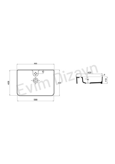 Mestola Tezgah Üstü Kare Çanak Lavabo Batarya Delikli 60 X 42 Cm Beyaz