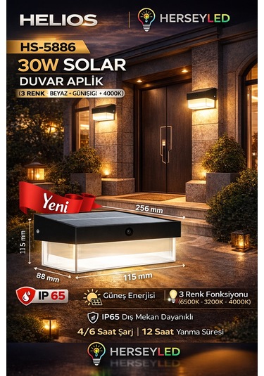 Helios Hs-5886 30w Solar Duvar Aplik 3 Renk - Beyaz + Günışığı + 4000k
