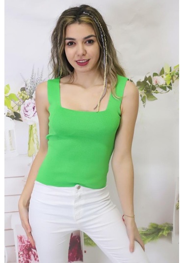 Kadın Fıstık Yeşili Kare Yaka Triko Atlet Bluz Crop Standart Fıstık Yeşil