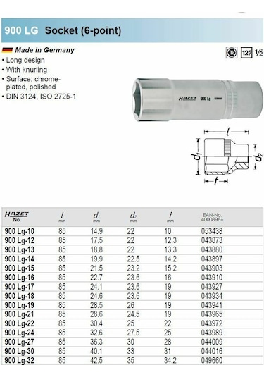 Alman Hazet 1/2" Lokma 6 Köşe Uzun Tip 18 Mm 900 Lg-18