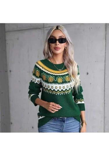 Tongxida Kış Kadın Cadılar Bayramı Kazak Büyük Beden Bisiklet Yaka Tatil Kazağı Yeşil Yeşil