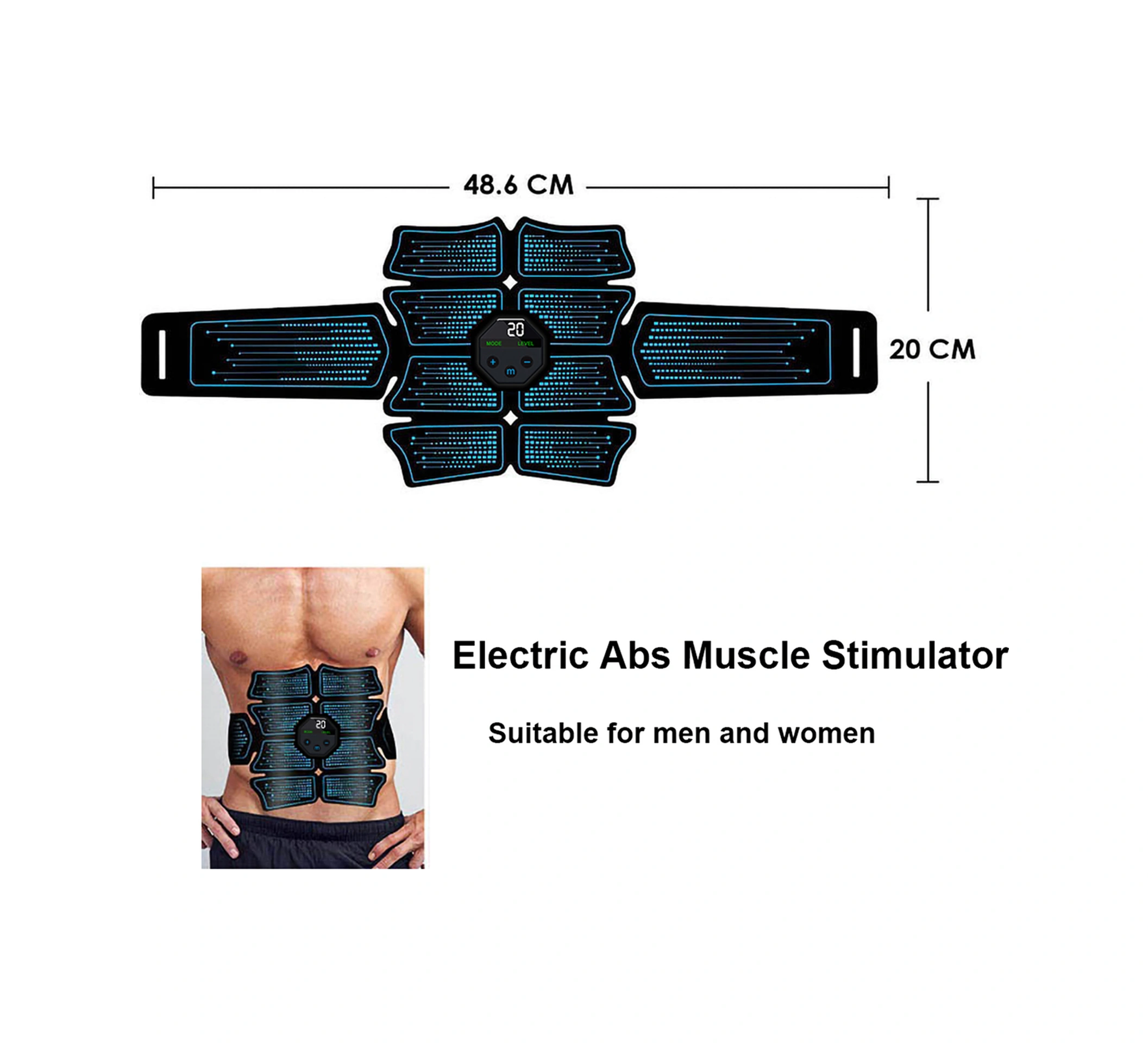 Yuntech01 Karın Kası Geliştirici Cihazı - 10 Mod 20 Seviye - Lcd Ekranlı Usb Şarjlı Elektrikli Masaj Aleti 1 Adet Karın Bandı + 1 Adet Ana Ünite Mavi