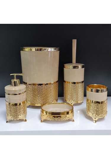 5 Parça Yuvarlak Akrilik Ferforje Kafes Banyo Seti Krem Mermer Gold Krem