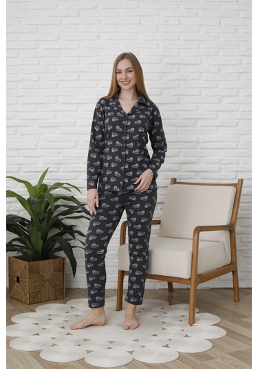 Fames Pijama Uzunkol Düğmeli Penye Pijama Takimi Kalpli Beyaz