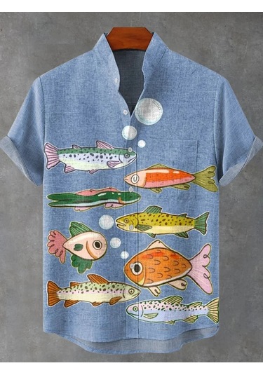 Snapbuy Retro 3d Sanat Baskılı Çizgili Balık Desen Keten Erkek Gömlekmavi Mavi