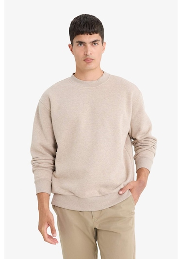 Defacto Relax Fıt Bisiklet Yaka Kalın Kumaş Sweatshirt E9409AX25AU Bej