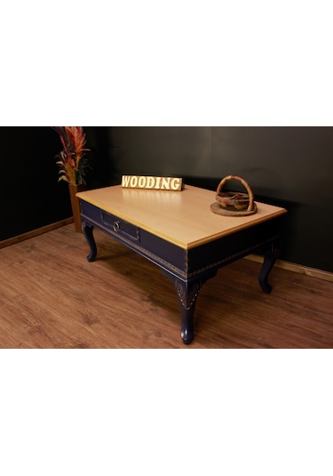 Wooding 120 Cm Masif Naturel Lacivert Oymalı Orta Sehpa