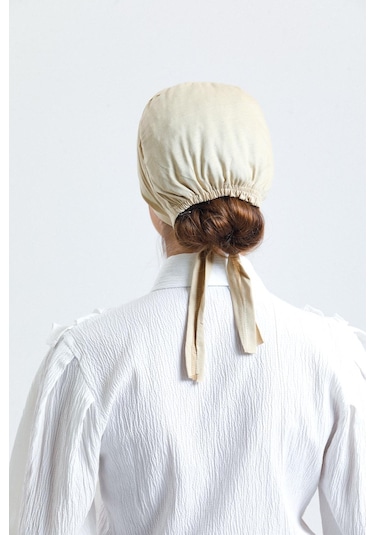 Bej Arkadan Bağlamalı Tesettür Bone Penye Kumaş Düz Bone 1011 12 Bej