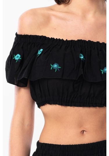 Lavinya Vual Lastik Detaylı Nakışlı Yazlık Crop Bluz Siyah Syh-siyah Siyah