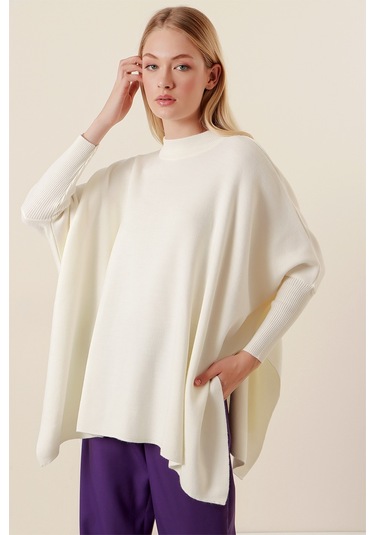 Bigdart 15783 Yırtmaçlı Panço Kazak - Beyaz 001