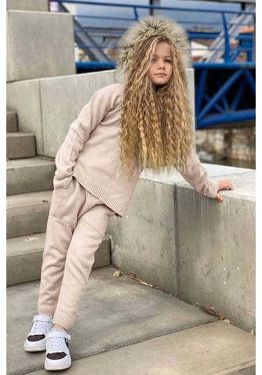 Riccotarz Kız Çocuk Yakası Çıkarılabilir Kürklü Kazak Çift Cepli Triko Ekru Alt Üst Takım Ekru