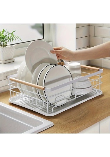 Honeybeeshop Siyah Ldq Tek Katlı Bulaşık Kurutma Rafı Çıkarılabilir Çatal Bıçak Tutucu Damlalık Tepsisi Ahşap Sap Büyük Kapasiteli Paslanmaz Mutfak Tezgahı Düzenleyici Beyaz Siyah