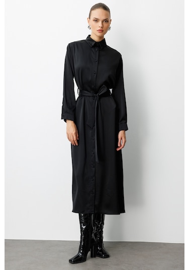 Mizalle Siyah Saten Maksi Gömlek Elbise Siyah