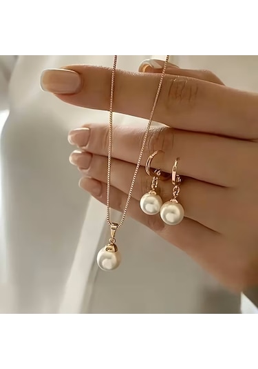 İnci Moda Kolye, Küpe Set, Nişan Özel Gün Sevgililer Günü Altın
