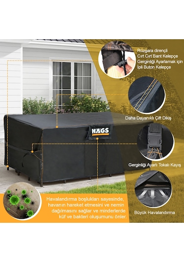 Haegs Bahçe Mobilyası Örtüsü, 250-210-90cm, Ağır Hizmet Oxford Kumaş, Su Geçirmez, Dış Mekan Veranda Masa Örtüsü, Havalandırmalı Masa Ve Sandalye Koruma Kılıfı Gri