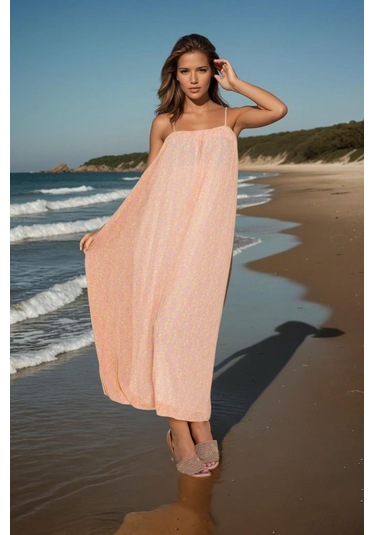 Kadın Straplez Astarlı Şifon Midi Yazlık Elbise 3753374 Pembe