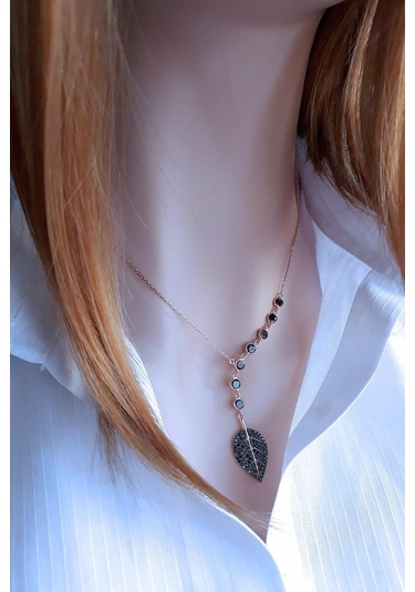 Tohum Taşlı Siyah Yaprak Kolye 368917491
