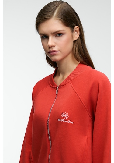 Grımelange Yasvell Kadın Metal Fermuarlı Çift Cepli Nakış Detaylı Balon Kollu Bomber Kırmızı Ceket Kırmızı