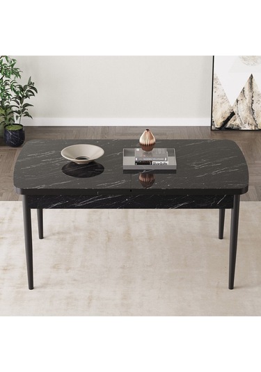 Jusie Siyah Mermer Desen 80x132 Açılabilir Mutfak Masası Takımı 6 Adet Sandalye Antrasit