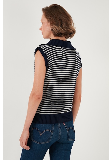 Lela Çizgili V Yaka Triko Bayan Süveter 4616171 Lacivert-Krem