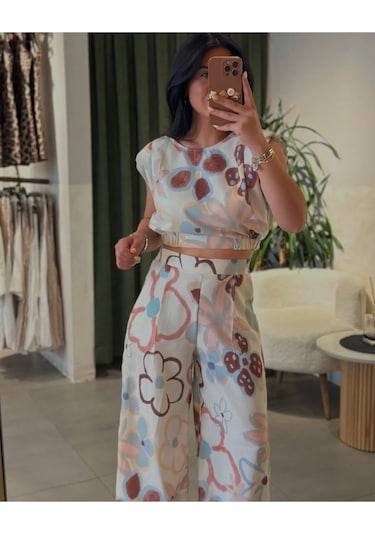 Büyük Pastel Çiçekli Vatkalı 80ler Lastikli Pantolon Crop Keten Yazlık İkili Takım Krem