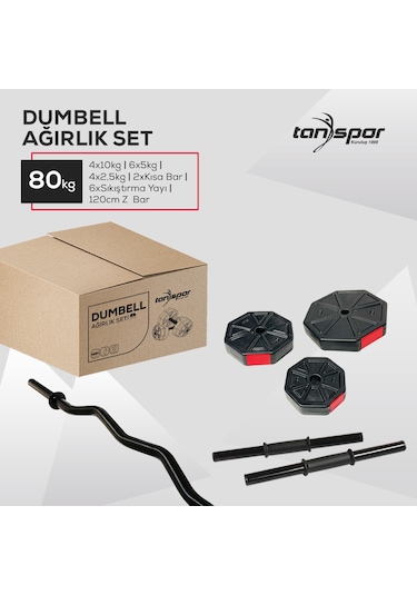 Tan Spor 80 KG Dambıl Halter Kısa Bar + Düz Bar Seti Kırmızı Kapaklı 150 CM