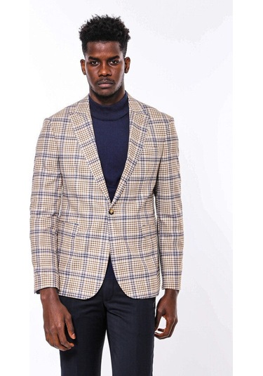 Wessi Ekose Desenli Slim Fit Kahverengi Mavi Erkek Ceket - Wessi Kahverengi - Mavi