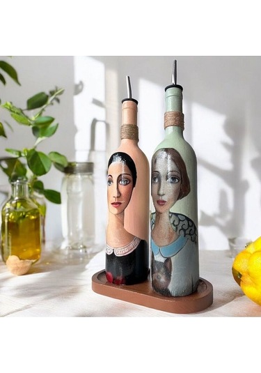 Kadın Desenli 750 Ml Zeytinyağı Sıvıyağ Şişesi Yağdanlık Yağlık Sirkelik Sosluk 2'li Set 56889110 Çok Renkli