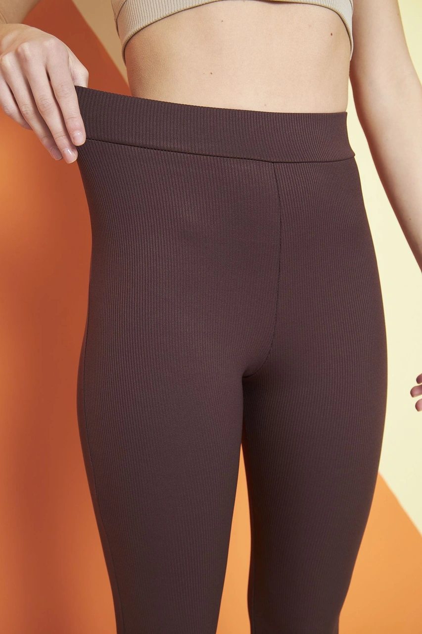 Siyah Yüksek Bel Fitilli Ispanyol Paça Interlok Örme Kadın Tayt Kahverengi