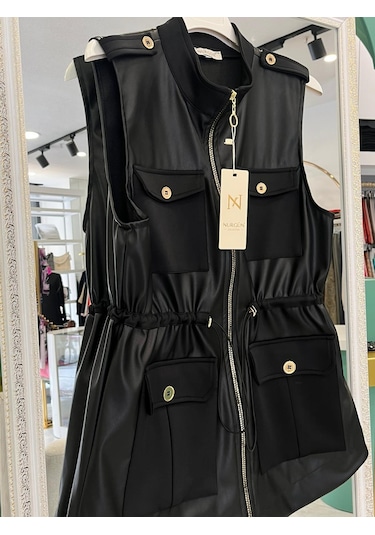 Nurgün Deri Yelek Cep Detaylı - Siyah - 1 Siyah