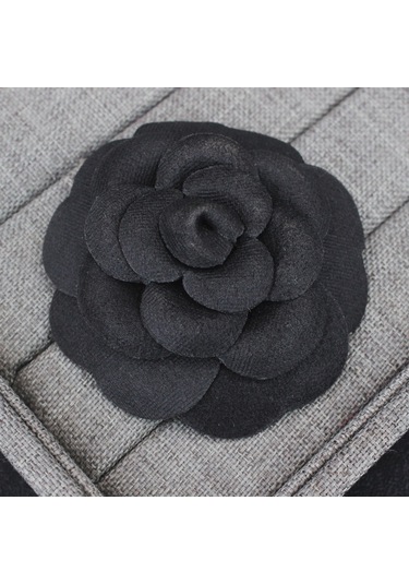 Lüks Siyah Beyaz Kumaş Kamelya Çiçek Broşu Kadın Büyük Gül New Black 7cm Siyah