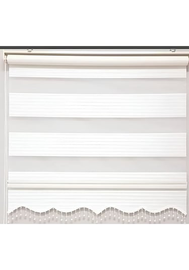 Kidmex Beyaz Piliseli Boncuklu Kumaş Zebra Stor Perde