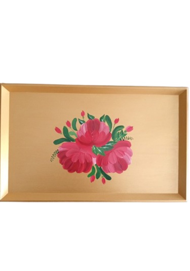 Altın Varaklı El Boyaması Gül Desenli Ahşap Nişan/sunum Tepsisi Altın