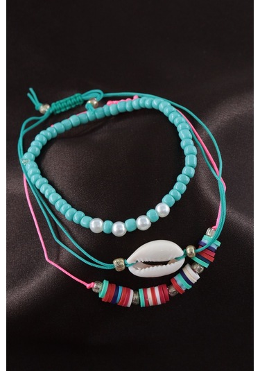 3lü Deniz Kabuğu İncili Boncuklu Asansörlü Lastikli İp Bileklik. Kadın İp Bileklik Halhal Çok Renkli