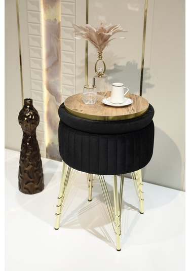 Bianco Metal Ayaklı Sehpalı Puf Altın Siyah Gold Black