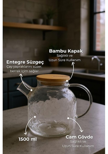 Bambum Juliet - Bambu Kapaklı Cam Demlik 1500ml Şeffaf