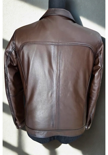 Derije Mateo Hakiki Deri Erkek Kestane Karartma Ceket - Mont