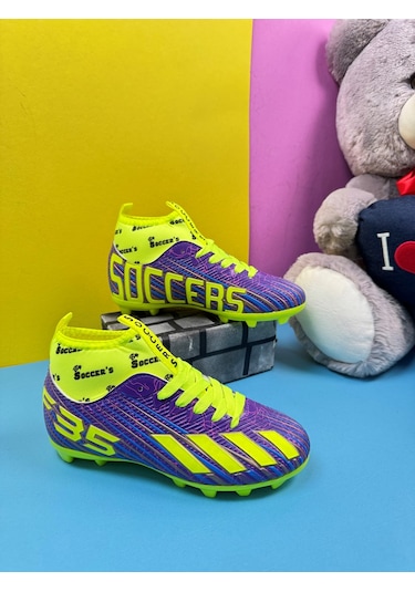 Erkek Çocuk Halısaha Kranpon Çoraplı Çivili Futbol Spor Ayakkabısı F35kr Mor-sarı