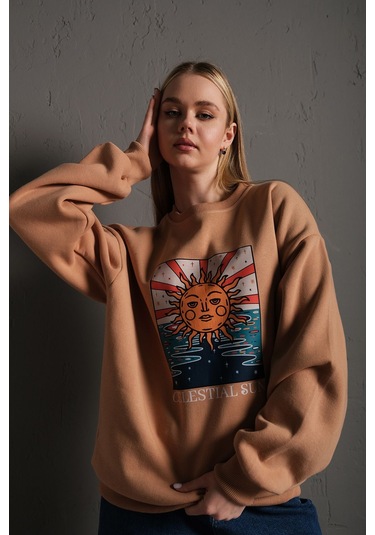 Kadın Gri Güneş Baskılı Oversize Sweatshirt Tw-Gnsswt Gri