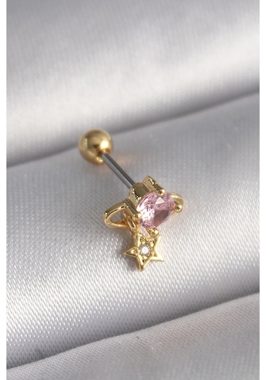 316l Çelik Gold Renk Pembe Zirkon Taşlı Sallantı Yıldız Detay Tragus Piercing - Tj-pr1236 Çok Renkli