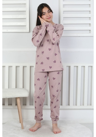 Lavanta Renkli Kalp Desenli Kız Çocuk Pijama Takımı Mor